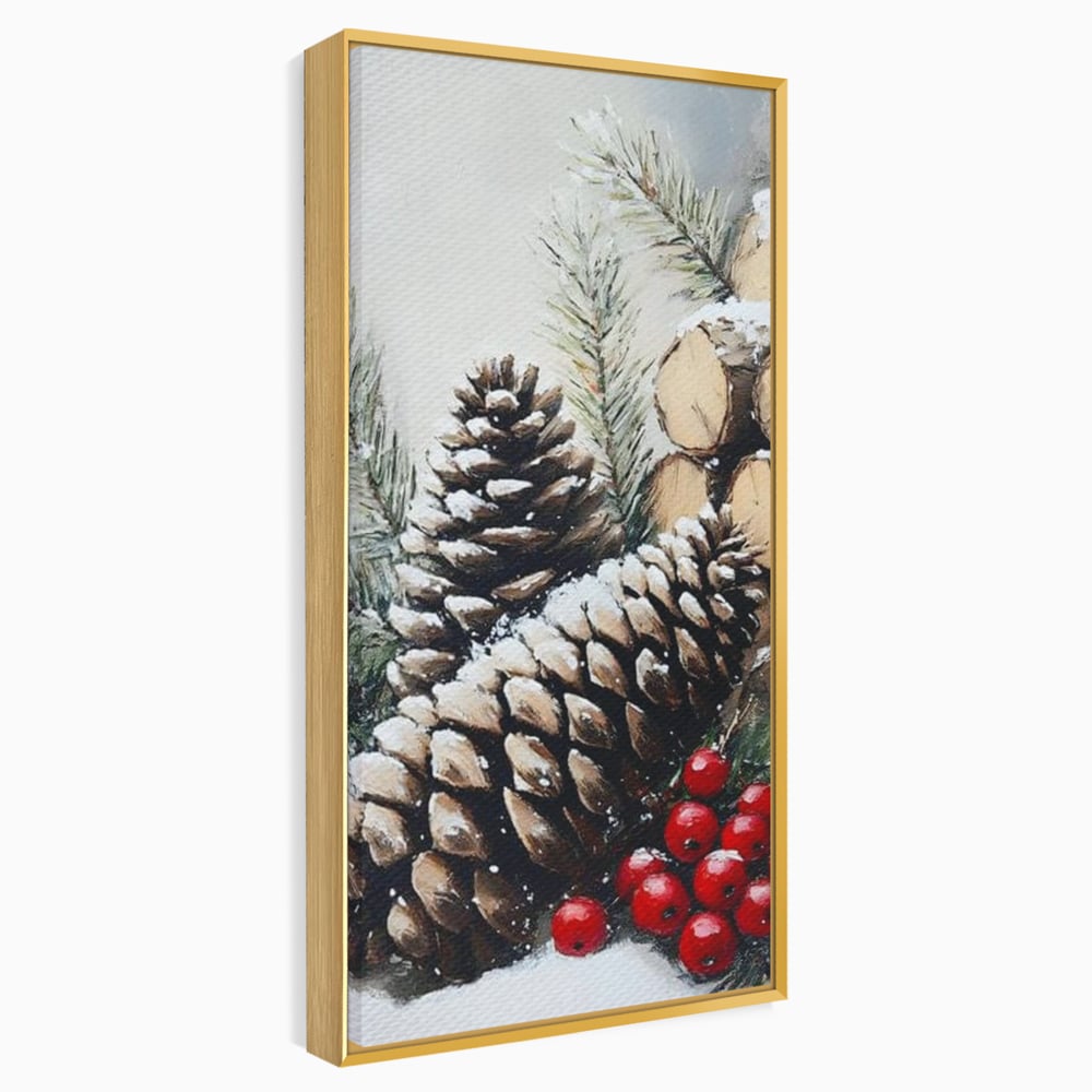 Tablou canvas cu pictura cu conuri de brad si bobite rosii, in rama de aluminiu auriu